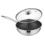 Prabha Triply Non Stick Stainless Steel Induction Compatible Stir-Fry Wok Pan with Glass Lid